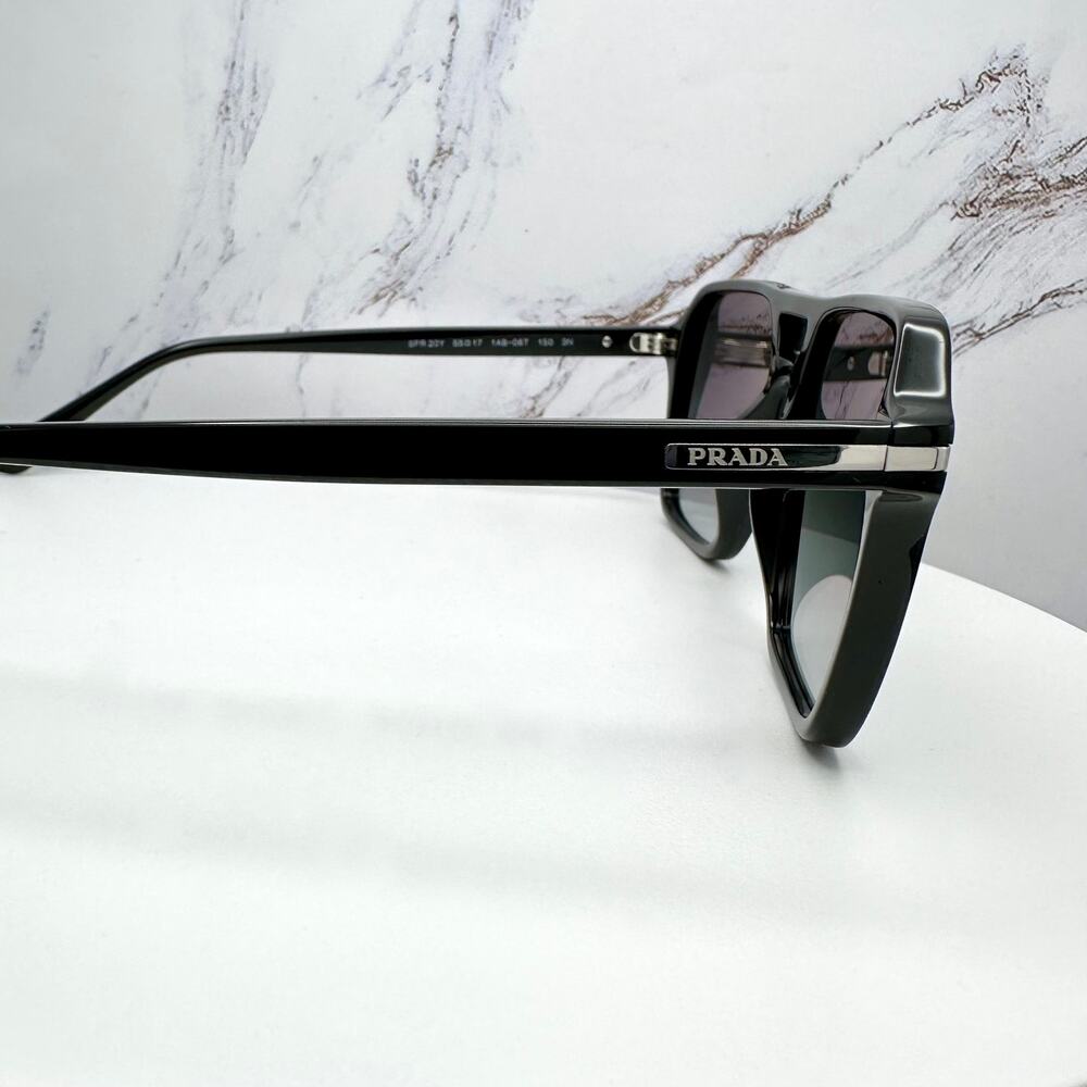 NEW PRADA Sunglasses Black Aviator Pilot 55-17mm Grey Lens Silver Logo - Picture 6 of 16